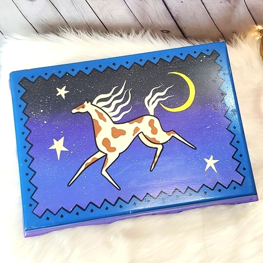 Y2K Handpainted Horse Stars & Moon Galaxy Purple Large Felt Lined Wooden Box - Picture 6 of 17